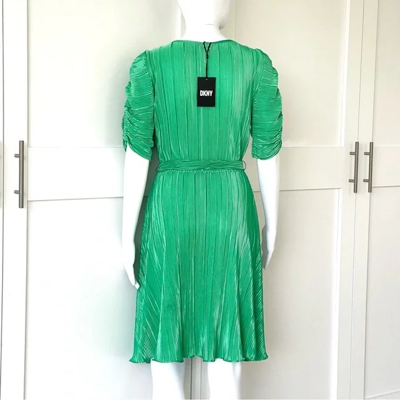 DKNY Satin Pleated Dress Ruched Sleeve Crew Neck Tie-Waist A-Line Pullover Style - Picture 12 of 16